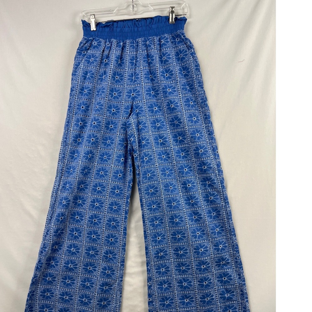 Solitaire Pants Womens Small Blue Eyelet Wide Leg Smocked Waist High Rise Boho